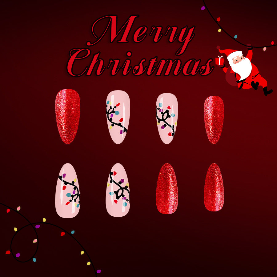 Festive Glamour Long Almond Red Sparkling and Christmas Lights Design Press-On Nail Set