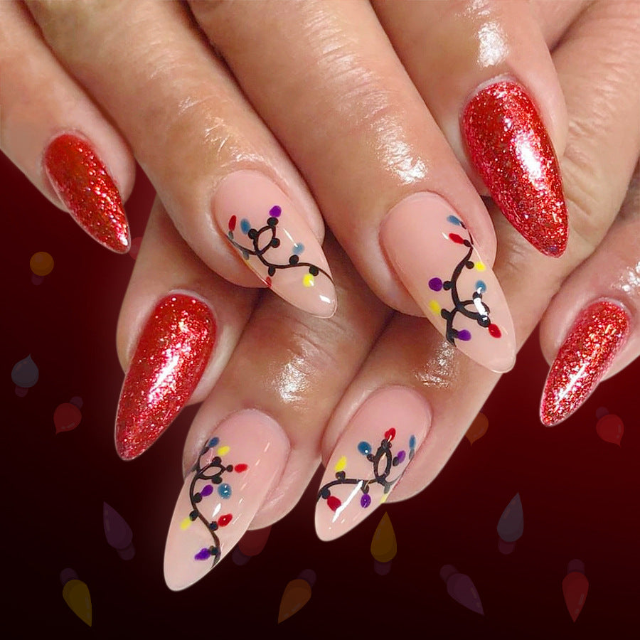 Festive Elegance Long Almond Red with Glitzy Texture and Colorful Ornamentation Press On Nail Set
