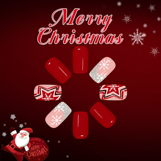 Festive Charm Medium Square Red with Snowflake Glitter Press On Nail Set