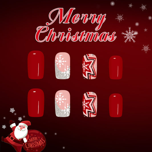 Festive Winter Wonderland Medium Square Press-On Nail Set with Snowflake and Star Accents