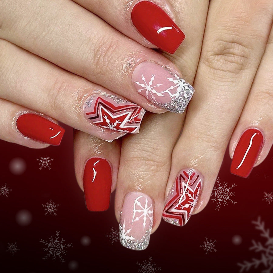 Winter Wonderland Glamour Medium Square Red and Pink Nails with Unique Snowflake Design