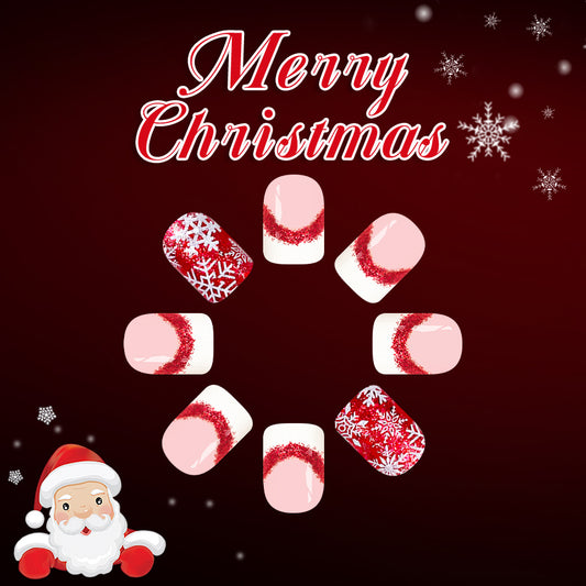 Festive Enchantment Short Square Red Sparkle and Snowflake Press On Nail Set