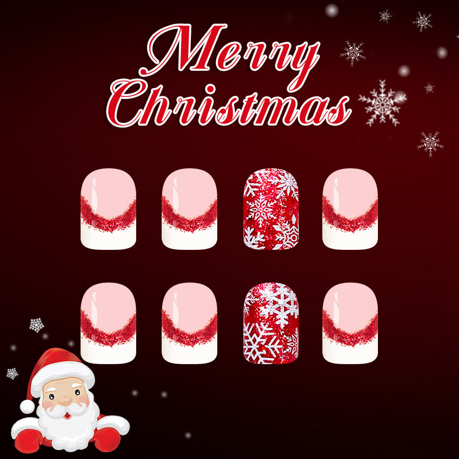 Christmas Wonderland Short Square Glossy Red and White with Sparkling Snowflakes Press On Nail Set