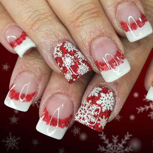 Winter Wonderland Short Square Red and White Glitter French Tip Press On Nail Set with Festive Snowflake Design