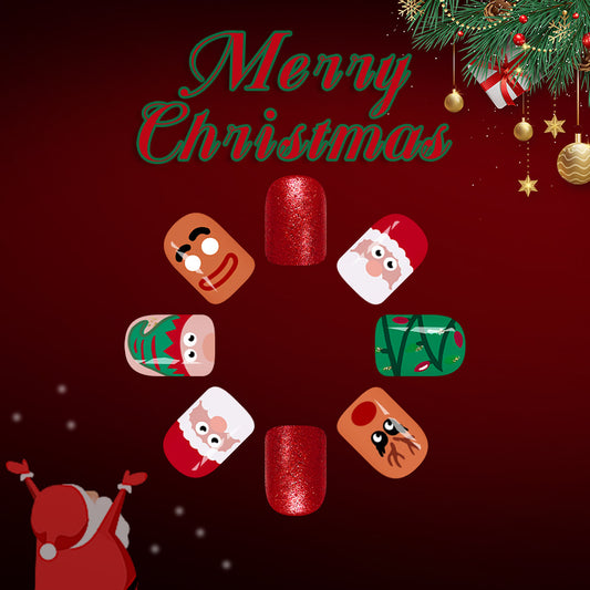Festive Cheer Short Square Red Glittery Press On Nail Set with Whimsical Christmas Character Designs