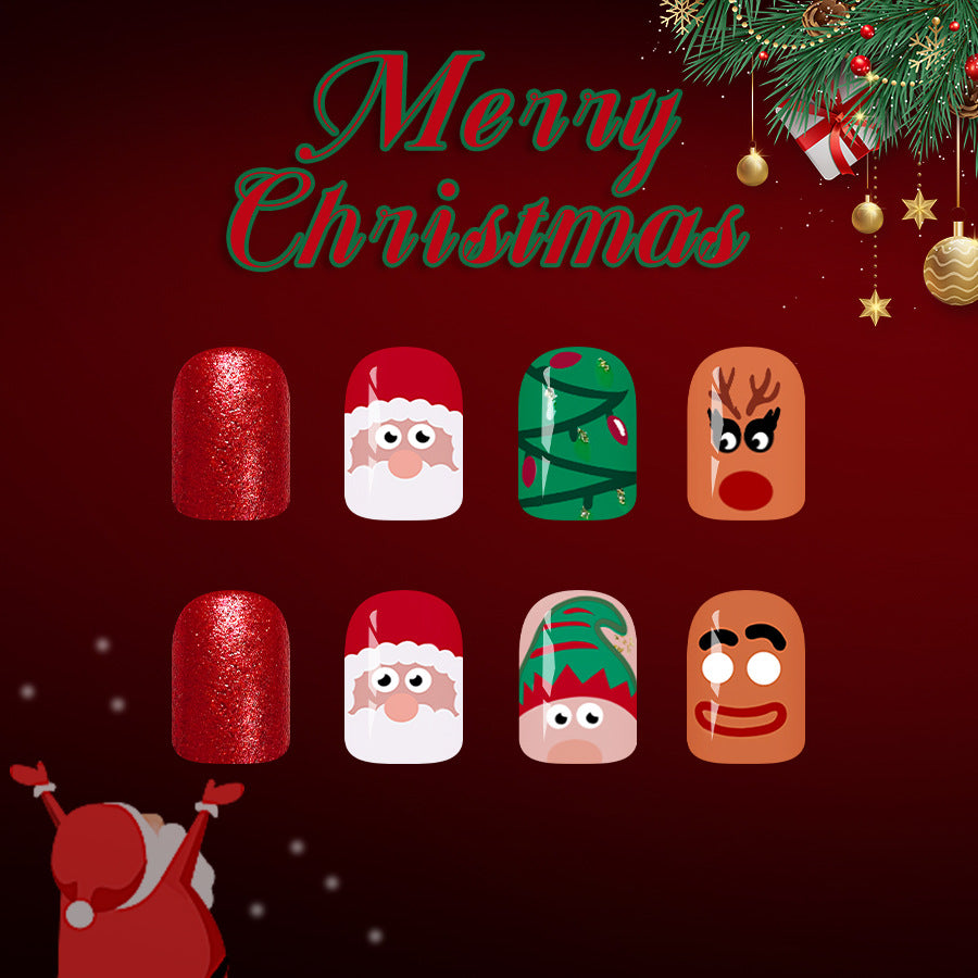 Festive Joy Glittery Red Short Square Christmas Nail Set with Whimsical Holiday Characters
