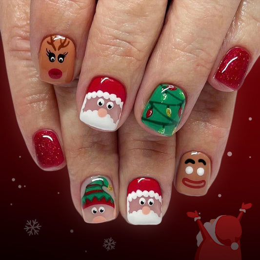 Festive Wonderland Square Short Red and Green Nail Set with Whimsical Holiday Designs