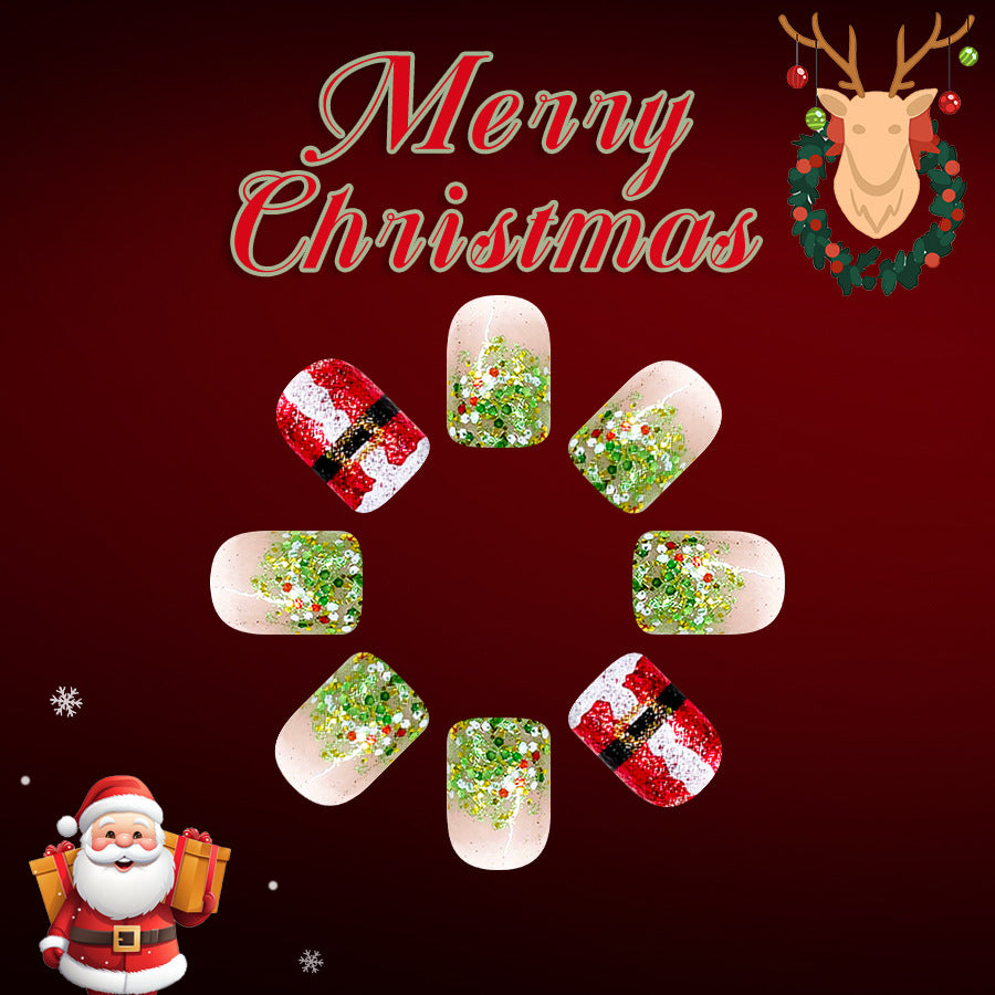 Festive Holiday Cheer Short Square Green and Red Glittery Christmas Press On Nail Set