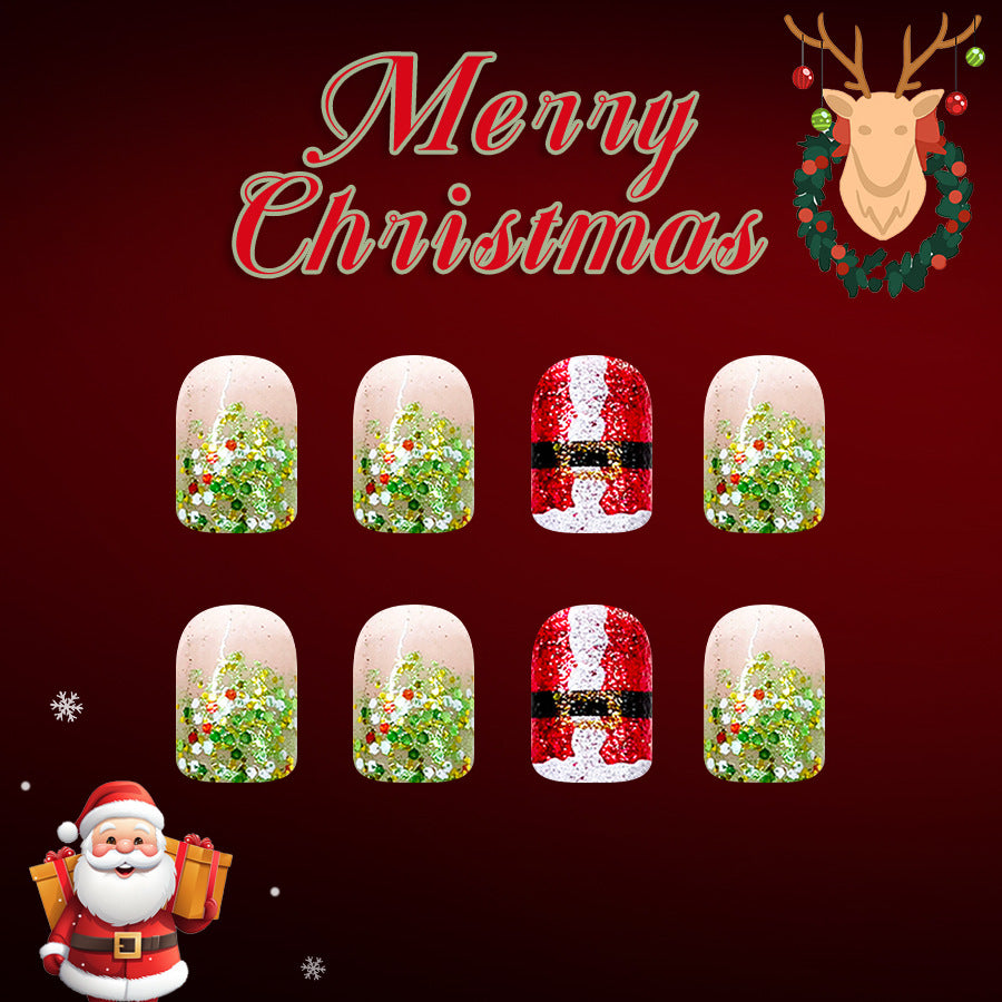 Festive Wonderland Press-On Nail Set Short Square Glittery Green and Red Christmas Theme