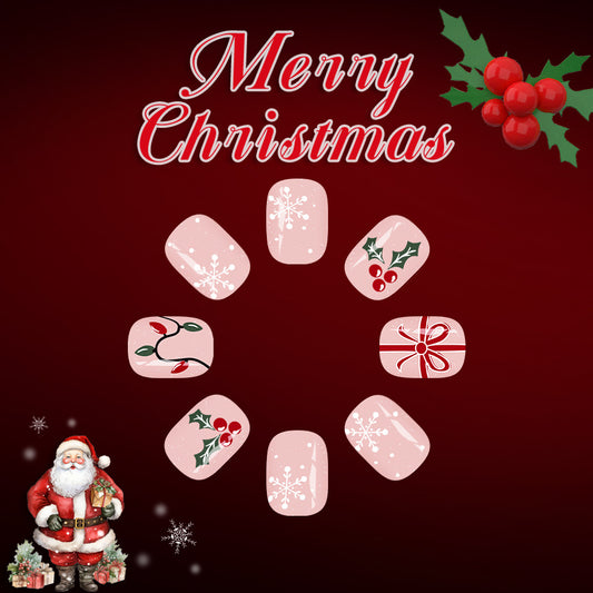 Festive Holiday Cheer Short Square Pink with Christmas-themed Designs Press On Nail Set