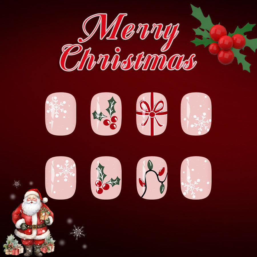 Festive Holiday Bliss Short Squoval Pink Elegant Winter Theme Press On Nail Set with Charming Christmas Designs