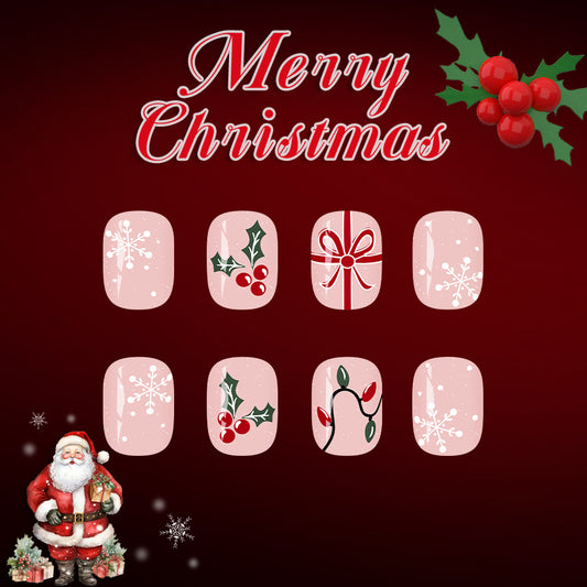 Festive Holiday Bliss Short Squoval Pink Elegant Winter Theme Press On Nail Set with Charming Christmas Designs