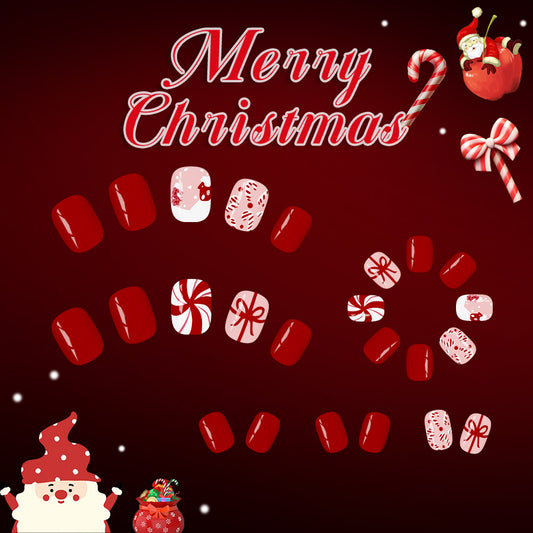 Festive Joyful Red Short Squoval Press-On Nail Set with Whimsical Holiday Designs