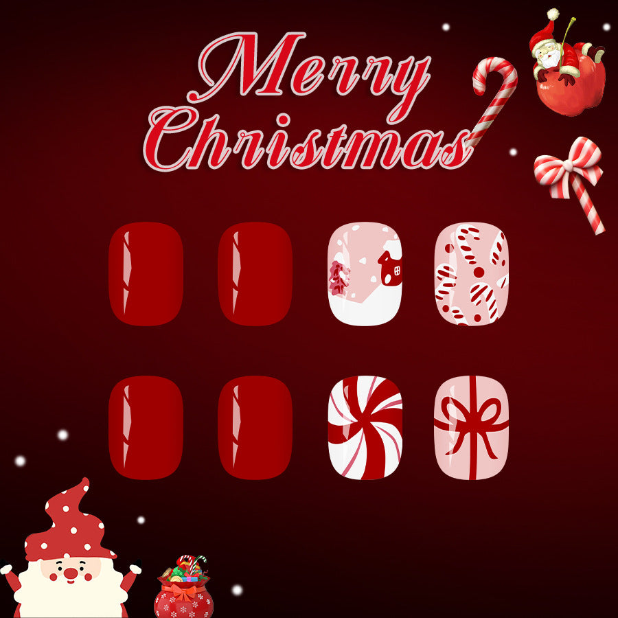 Festive Delight Short Squoval Red and White Nail Set with Christmas Themed Designs
