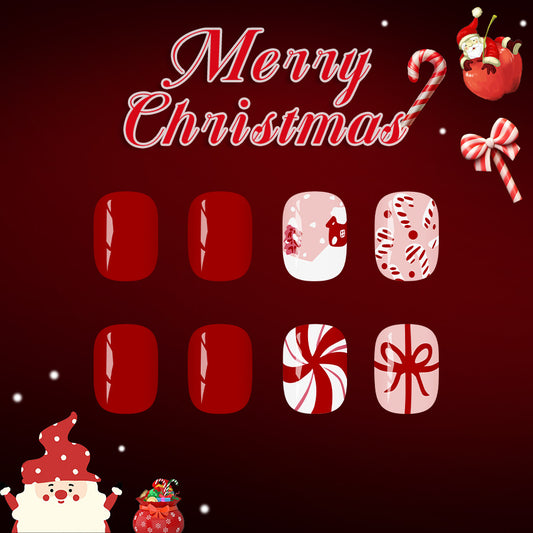 Festive Delight Short Squoval Red and White Nail Set with Christmas Themed Designs