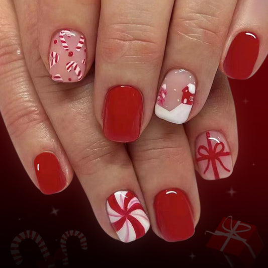 Festive Cheer Short Square Red Press On Nail Set with Candy Cane and Gift Box Design