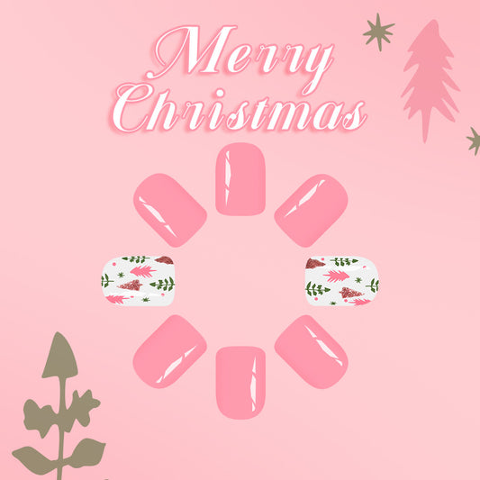 Festive Elegance Short Square Soft Pink with Holiday Floral Design Press on Nail Set