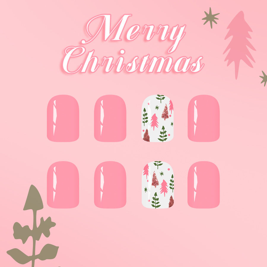 Festive Delight Short Square Pink with Charming Pine Tree Design Press-On Nail Set