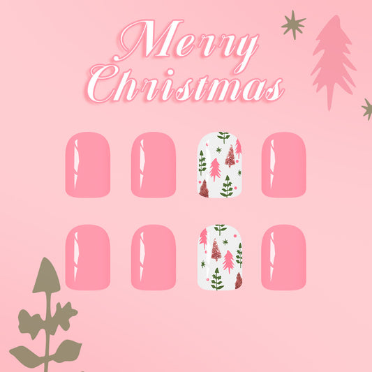 Festive Delight Short Square Pink with Charming Pine Tree Design Press-On Nail Set