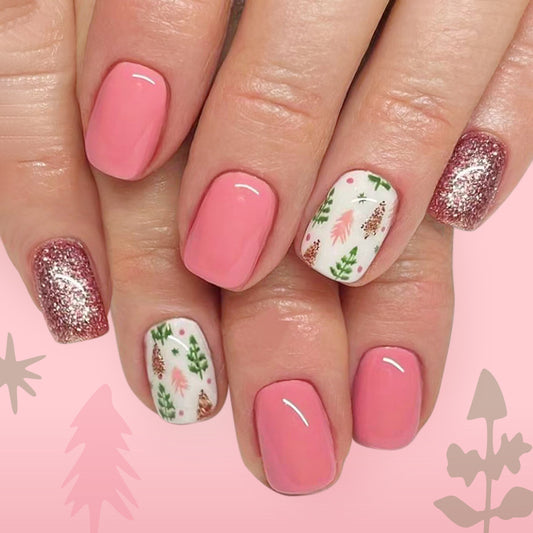 Nature's Embrace Chic Short Square Pink Press On Nail Set with Sparkling Accent and Botanical Art Design