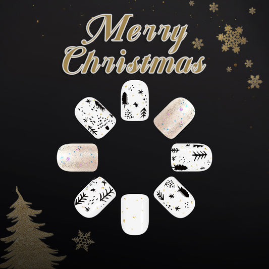 Festive Winter Wonderland Short Square White and Glittery with Elegant Christmas Tree Designs Press on Nail Set