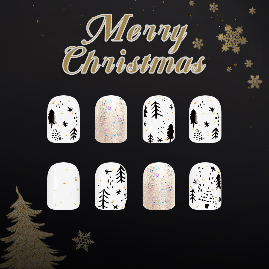 Festive Winter Wonderland Long Square White and Gold Glittery Press On Nail Set with Christmas Tree Designs