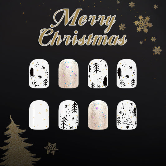 Festive Winter Wonderland Long Square White and Gold Glittery Press On Nail Set with Christmas Tree Designs