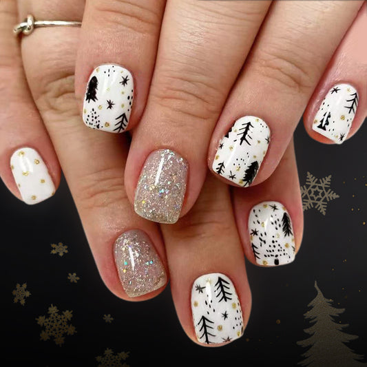 Winter Wonderland Glossy Short Square White and Glitter Press-On Nail Set with Festive Tree and Star Designs