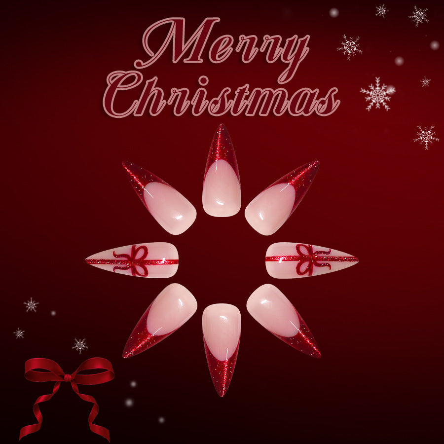 Christmas Spirit Elegant Long Stiletto Red Glittering Press On Nail Set