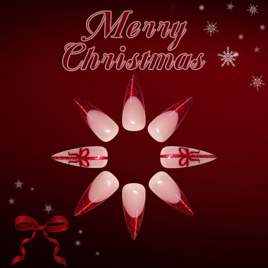 Christmas Spirit Elegant Long Stiletto Red Glittering Press On Nail Set