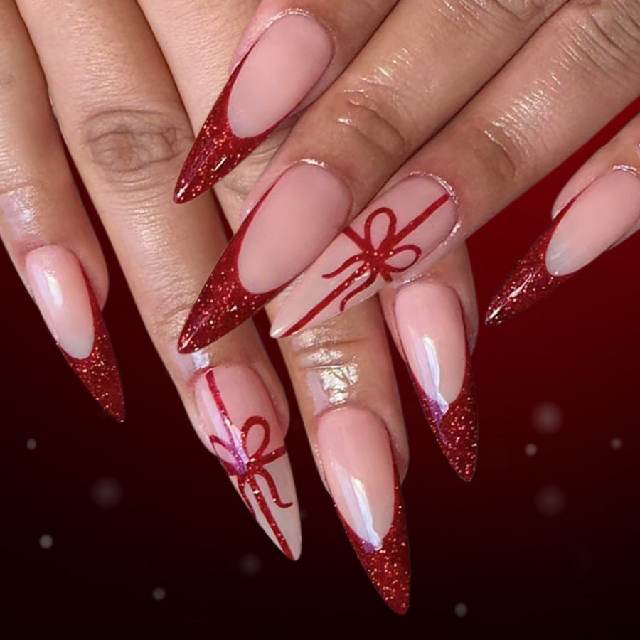 Festive Glamour Long Stiletto Red Glitter with Charming Bow Accents Press-On Nail Set