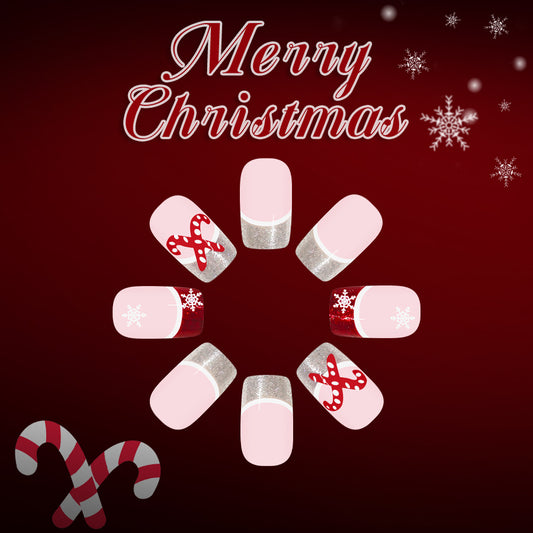 Holiday Cheer Festive Medium Square Pink with Sparkling Tips and Candy Cane Design Press On Nail Set