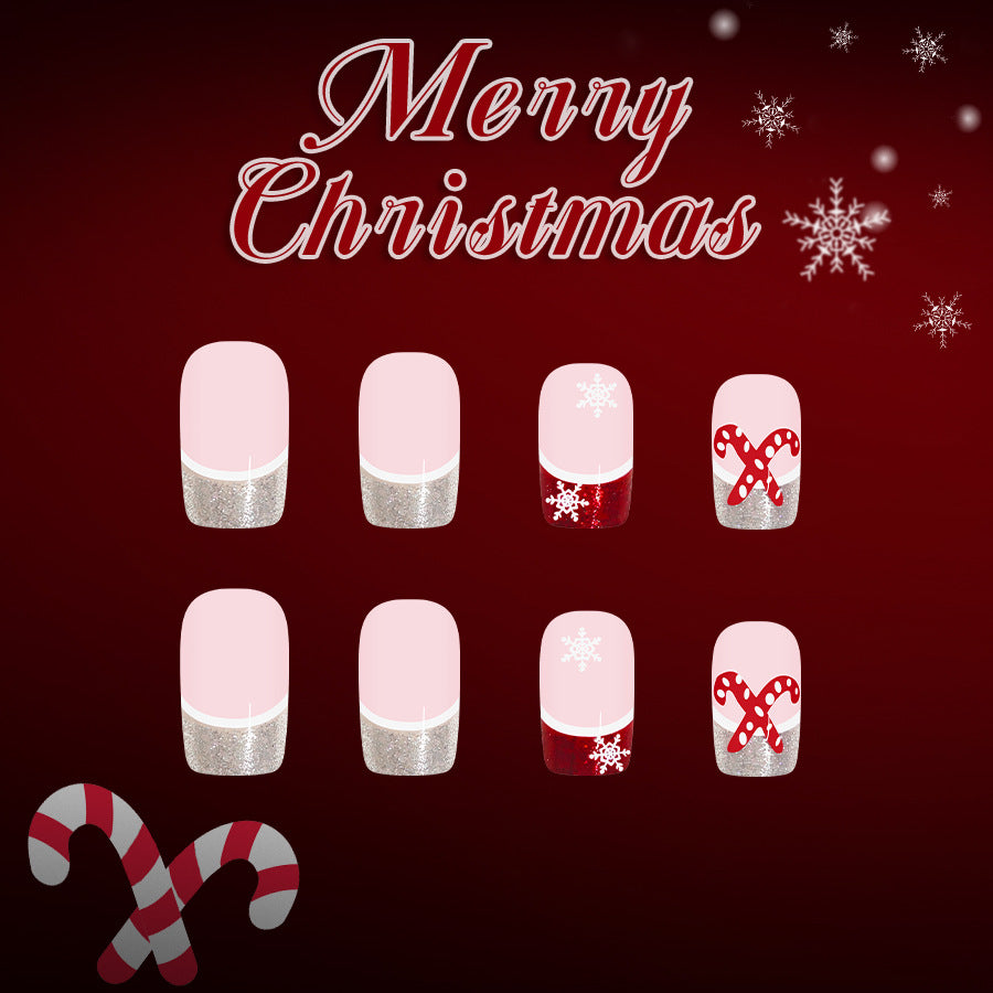 Festive Glamour Medium Square Pink with Silver Glitter and Christmas Themed Designs Nail Set