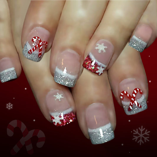 Festive Winter Wonderland Short Square Glittery Red and Silver Holiday Themed Press on Nail Set