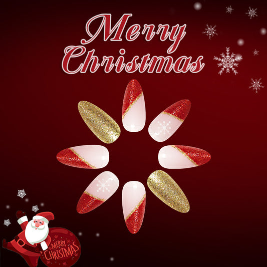 Festive Elegance Long Almond Red and Gold Glitter with Snowflake Detail Press on Nail Set