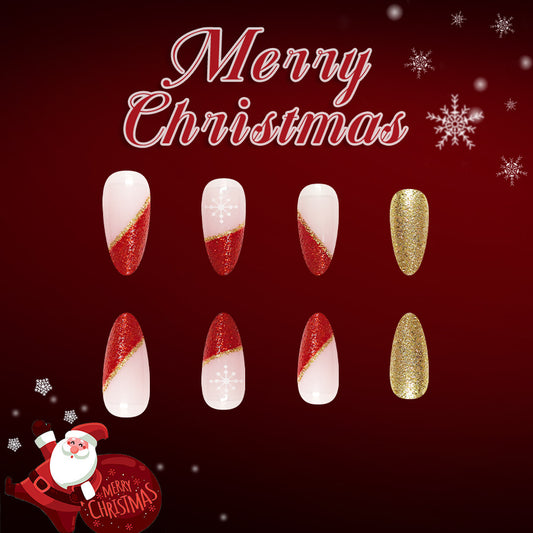 Festive Glamour Long Almond Red and Gold Frosted Christmas Nail Set with Sparkling Glitter Accents