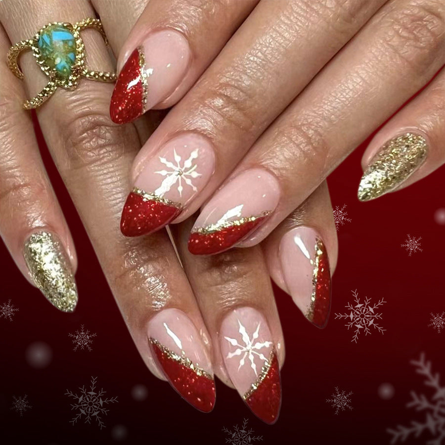 Festive Sparkle Long Almond Red and Gold Glitter with Snowflake Accent Press on Nail Set