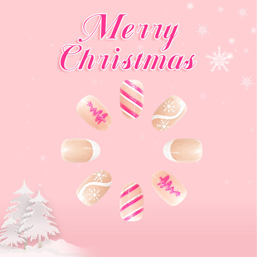 Festive Holiday Lengthy Medium Oval Pink Sparkle with Christmas Themes Press On Nail Set