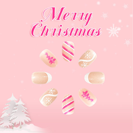 Festive Holiday Lengthy Medium Oval Pink Sparkle with Christmas Themes Press On Nail Set