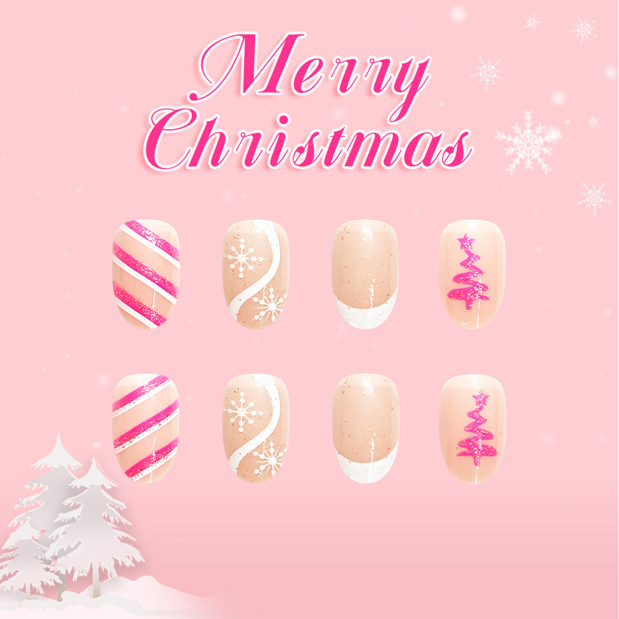 Festive Glamour Medium Oval Pink with Holiday Glitter Decorations Press-On Nail Set