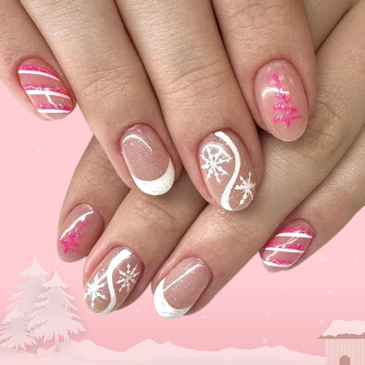 Winter Wonderland Elegant Medium Oval Shape Pink and White Nail Set with Glittering Snowflake Designs