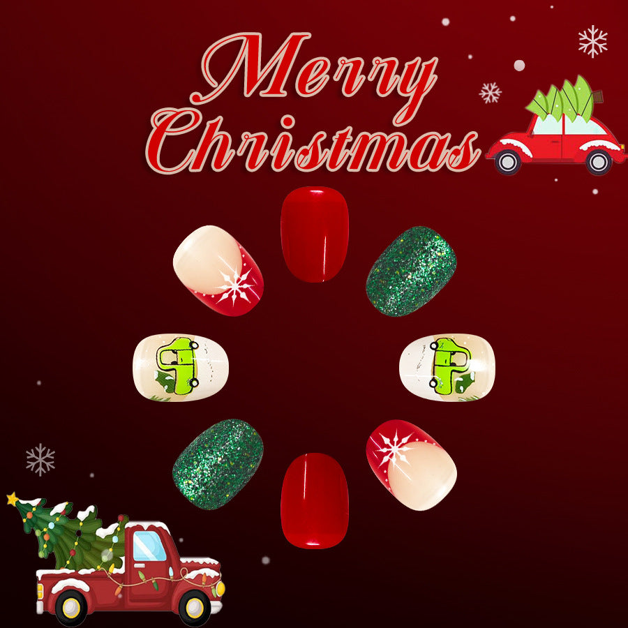 Festive Cheer Short Round Red and Green Glitter with Holiday Design Press-On Nail Set