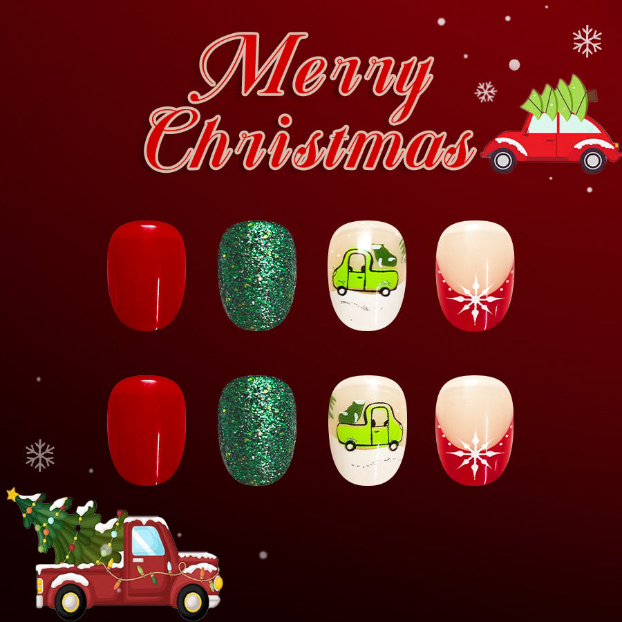 Festive Glamour Short Round Red and Green Glitter Press on Nail Set with Christmas Truck Design