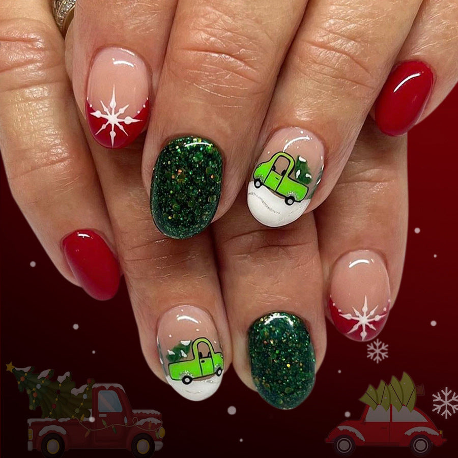 Festive Holiday Glam Short Round Green and Red Glittery Nail Set with Whimsical Christmas Truck Design