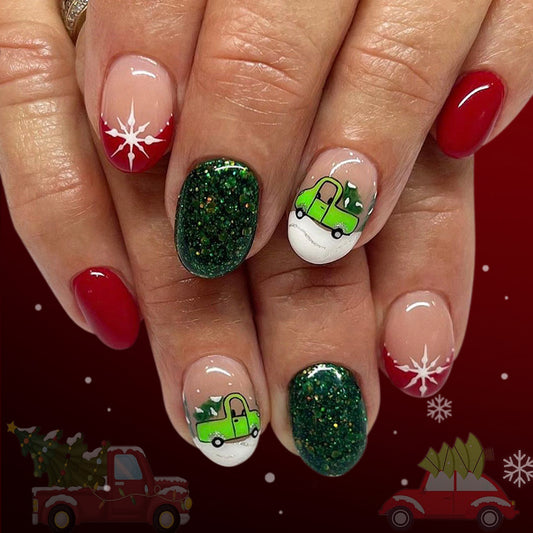 Festive Holiday Glam Short Round Green and Red Glittery Nail Set with Whimsical Christmas Truck Design