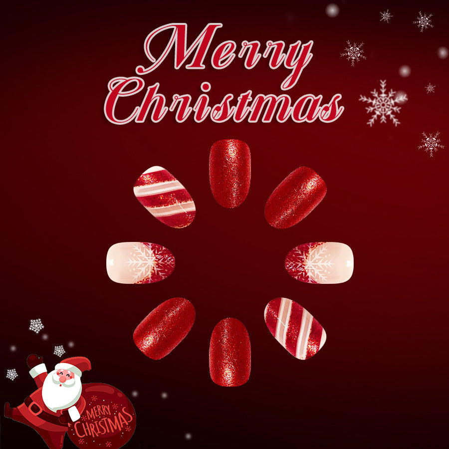 Festive Charm Short Round Red Sparkle with Snowflake Design Press-On Nail Set