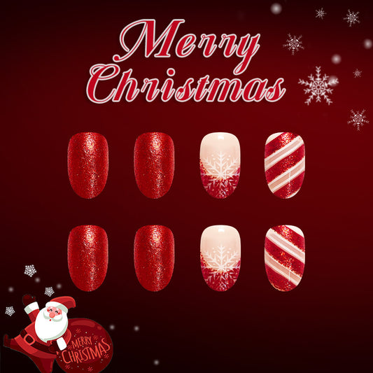 Merry Christmas Festive Red Medium Oval Glitter Press On Nail Set with Snowflake and Candy Cane Design