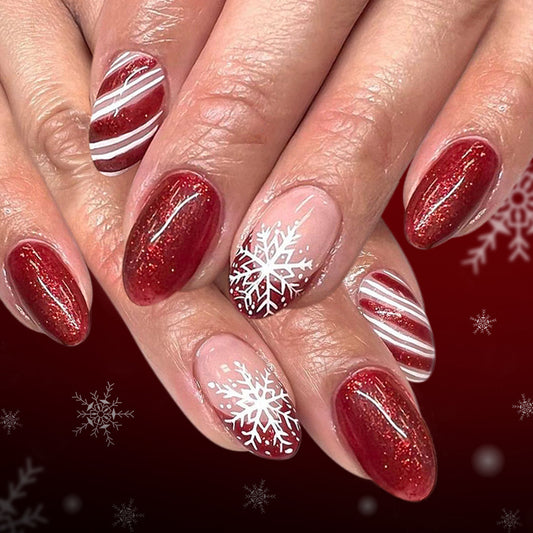 Winter Wonderland Elegant Medium Oval Red Glittery Nails with Festive Snowflake Design
