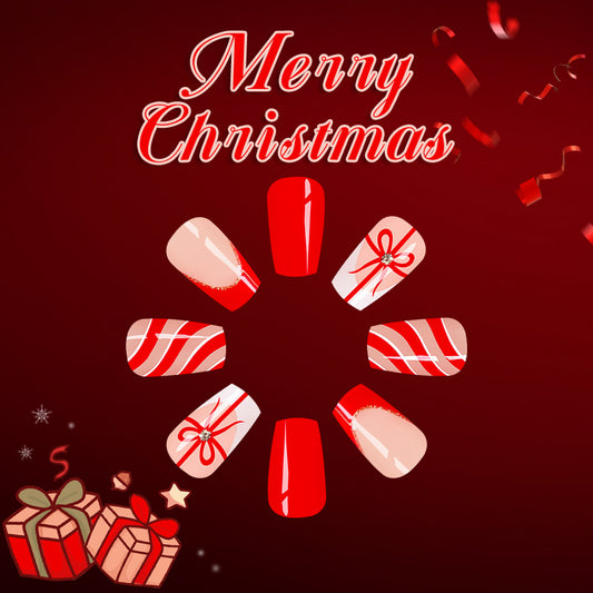 Festive Celebration Medium Square Red Nail Set with Holiday Gift Accents