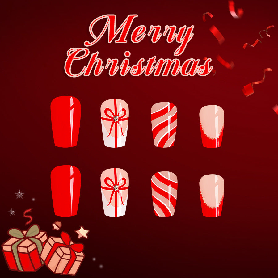 Festive Holiday Cheer Medium Square Vibrant Red with Charming Gift and Candy Cane Designs Press-On Nail Set